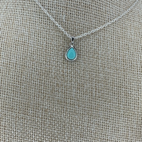 Small, Dainty Silver Turquoise Teardrop Pendant Necklace on Box Chain - Picture 2 of 14